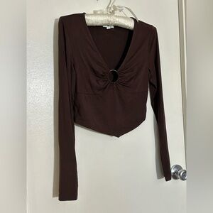 BP Brown Fitted Long Sleeve Blouse with Tie Front